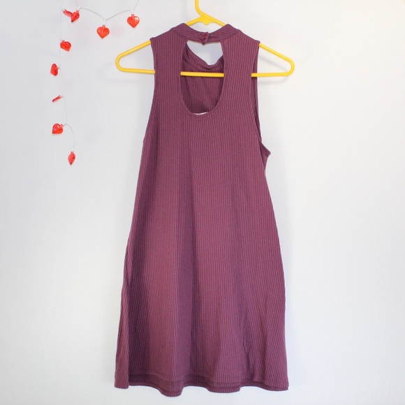 Purple stretchy ribbed mock neck sleeveless dress open waist size women’s Large - Picture 2 of 4